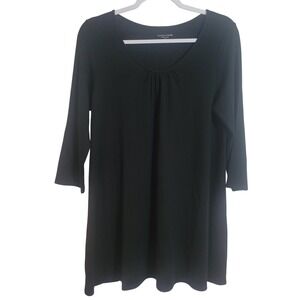 Eileen Fisher Black 100% Wool 3/4 Sleeve Gathered Neck Tunic Top‎ Women's Medium